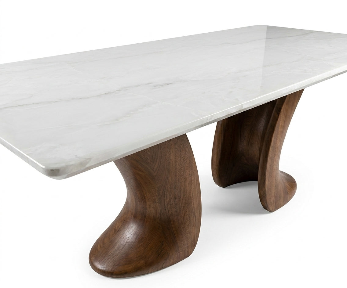 1623/ONYX dining table in a bright room with a stone-clad wall