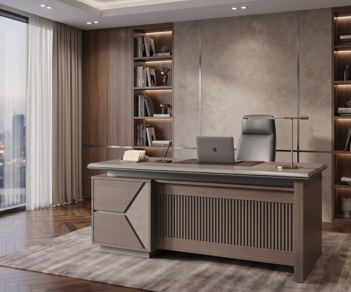 18-014A-0013 L-shaped desk in a stone-walled office with bookshelves