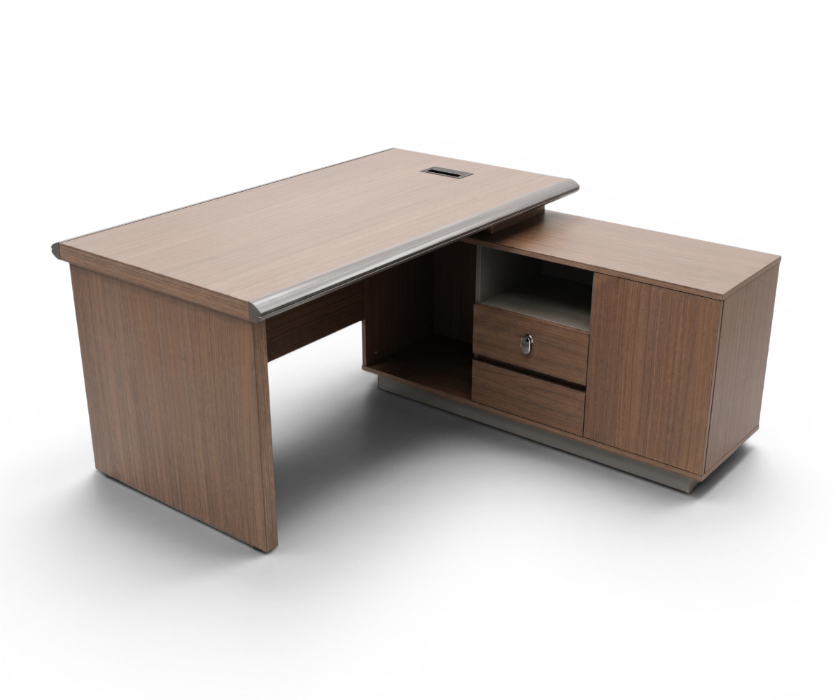 18-014A-0013 L-shaped desk in a stone-walled office with bookshelves