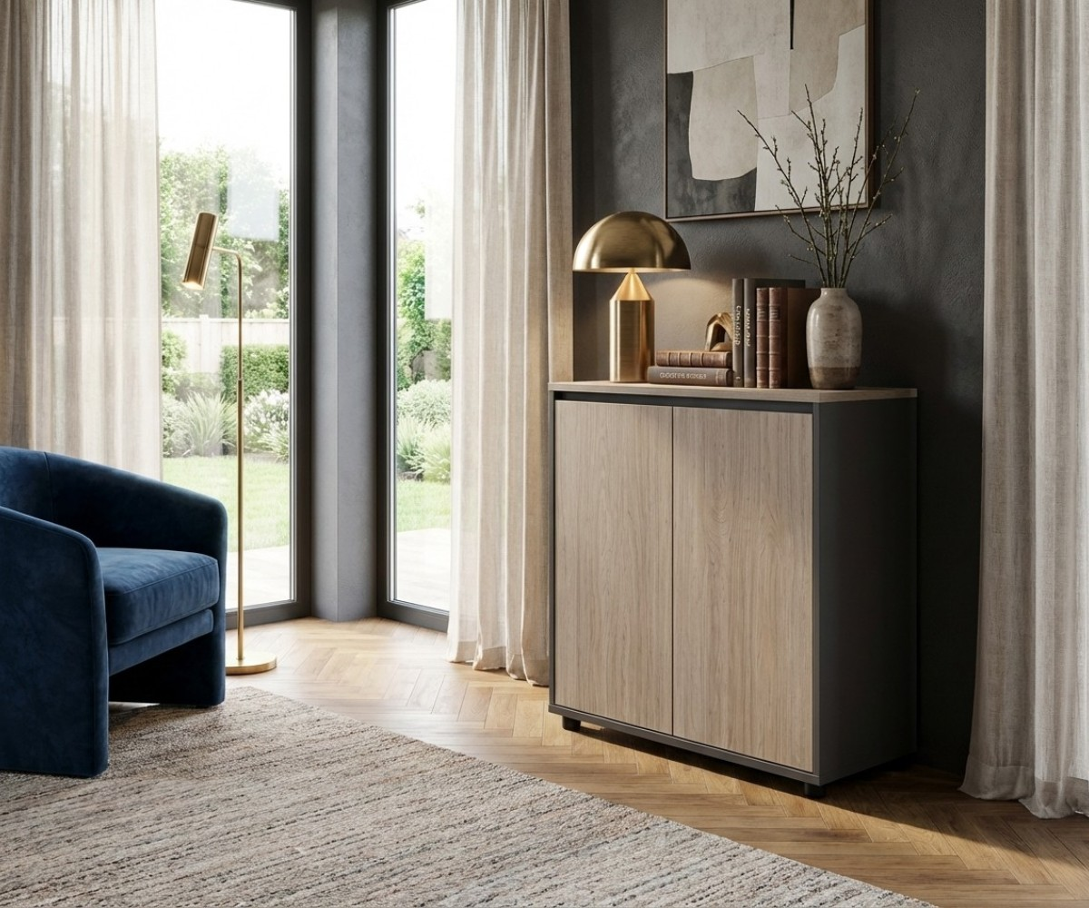 18-108G oak charcoal credenza beside a blue armchair in a bright room