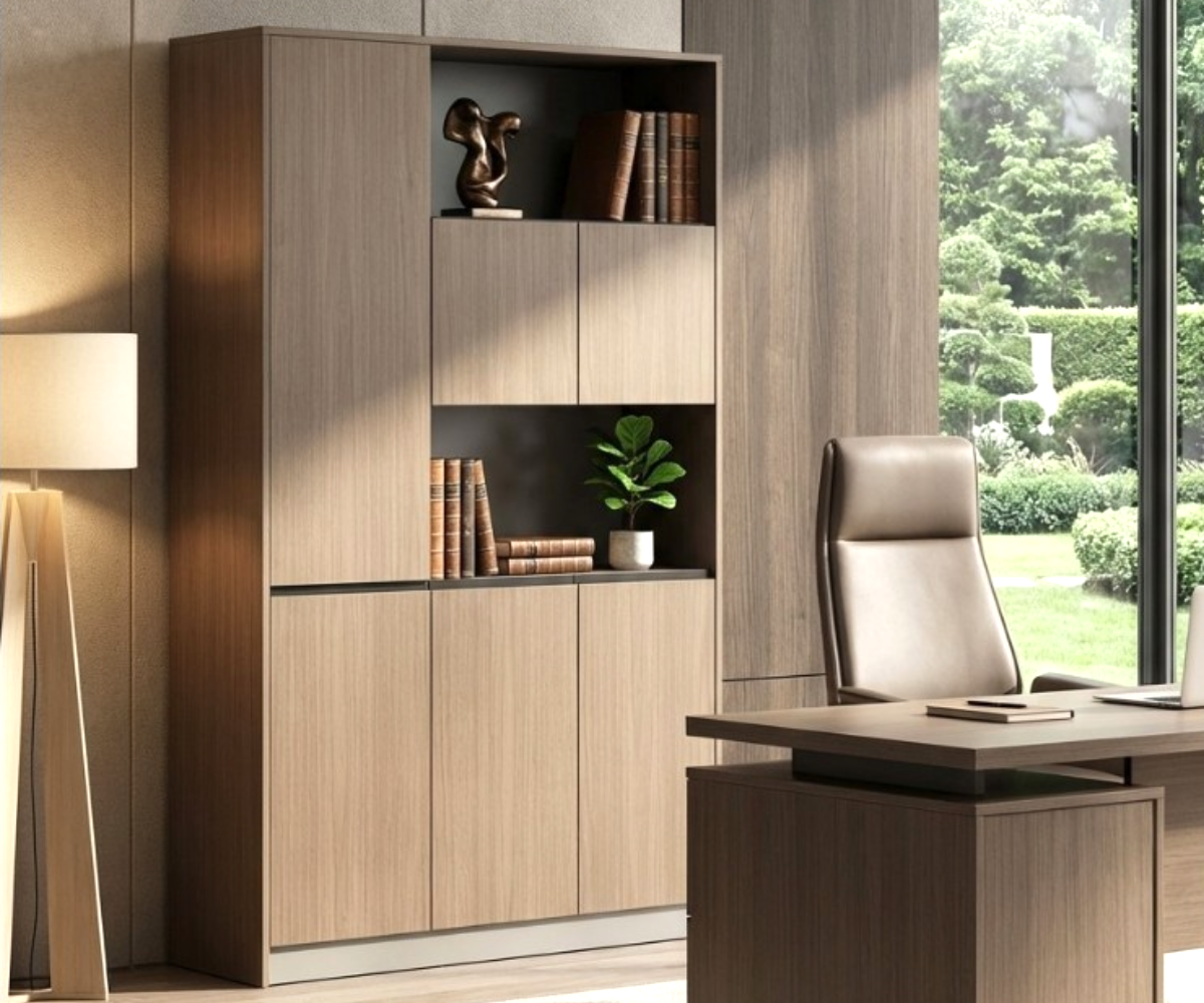 18-112A walnut office wall with open shelving beside a garden window