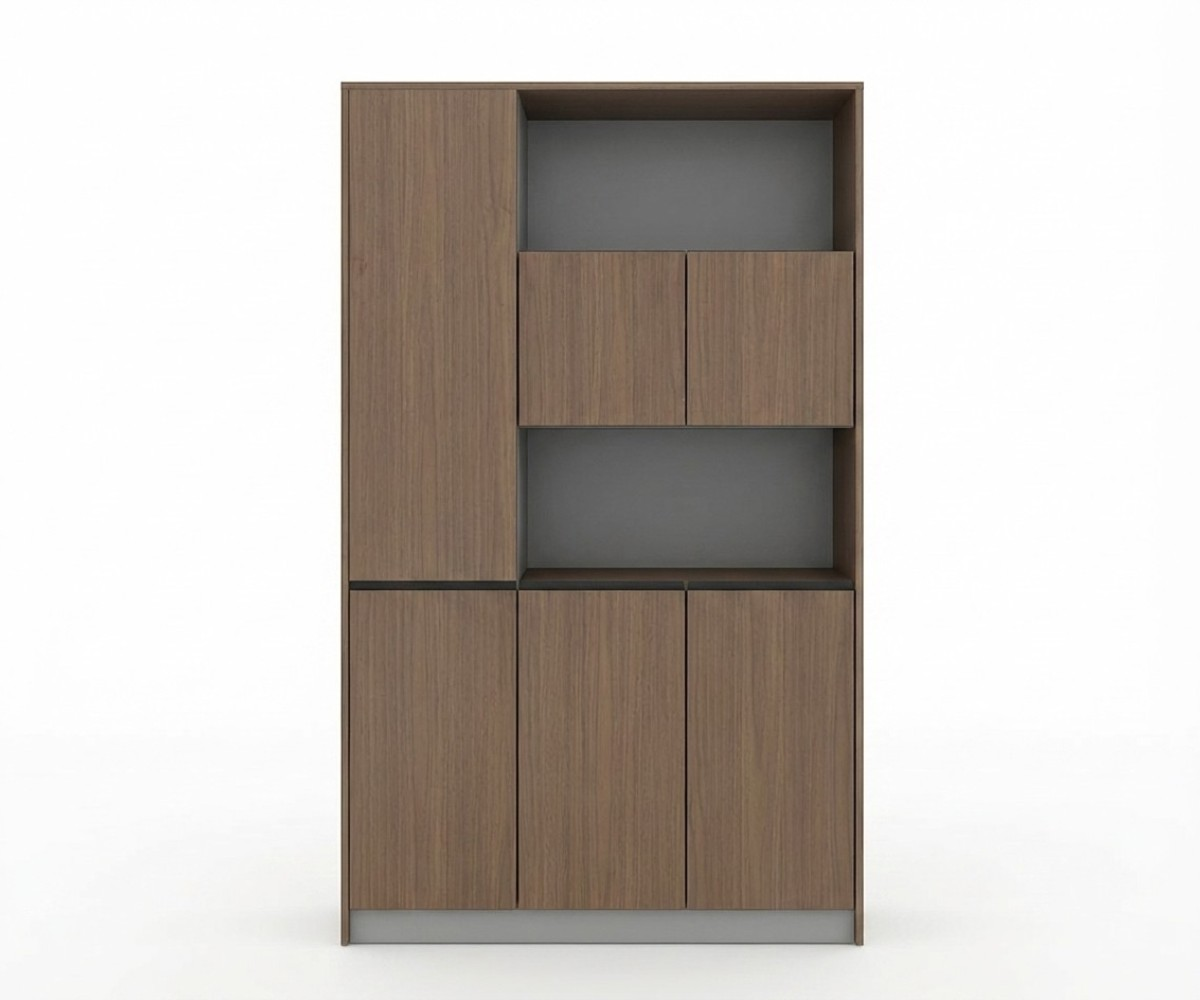 18-112A walnut office wall with open shelving beside a garden window