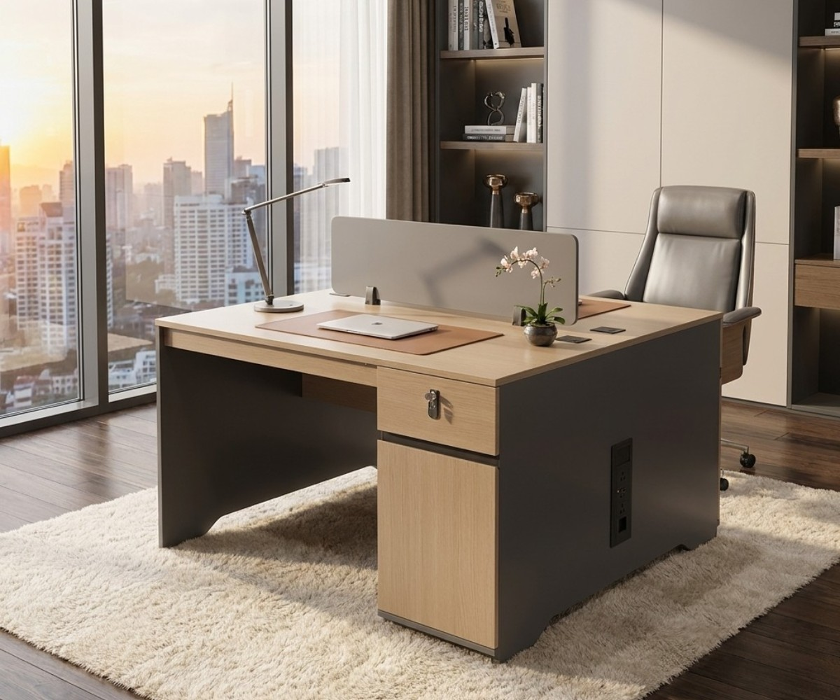 18-212A oak twin workstation desk with privacy screen in a bright office