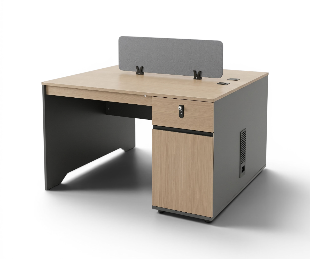 18-212A oak twin workstation desk with privacy screen in a bright office