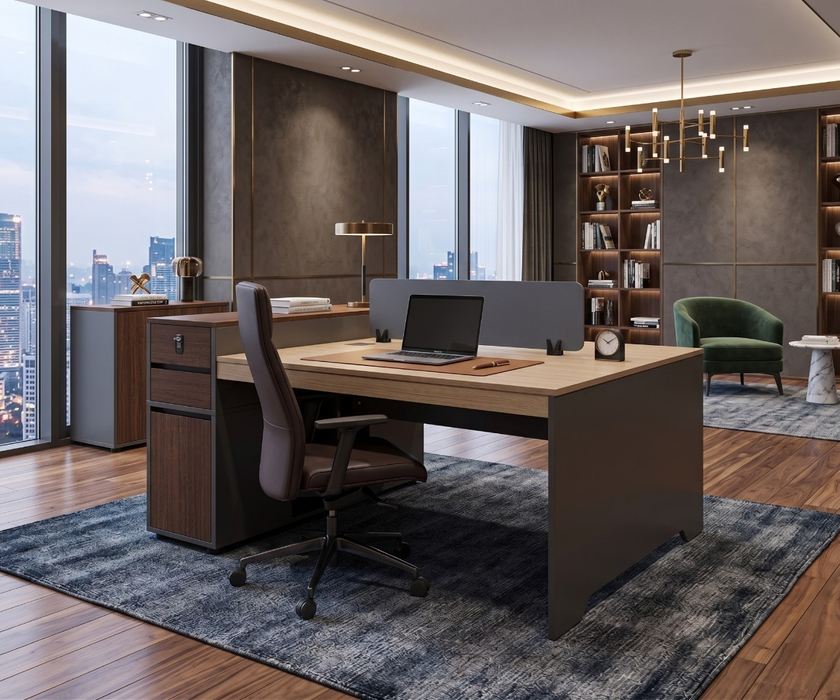 18-215A walnut executive workstation in a panelled office with a city view