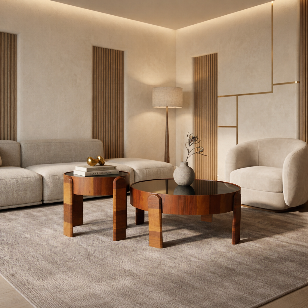 185 walnut arched nesting set in a bright fluted-panel living room