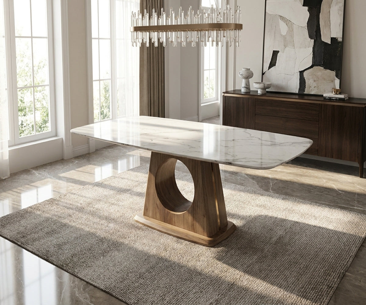 186/8-013 dining table in a bright dining room beside a walnut sideboard