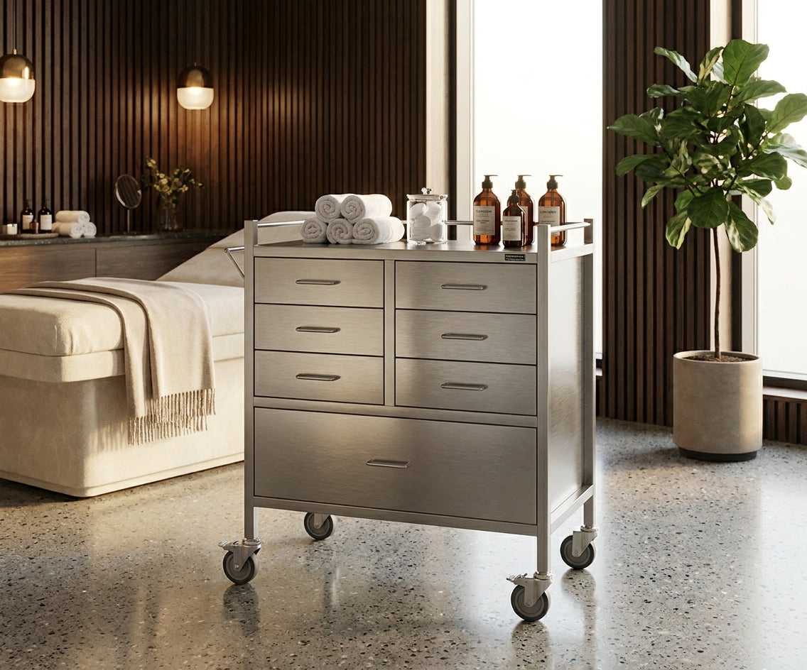 Stainless steel trolley with six drawers on castors, in a treatment room