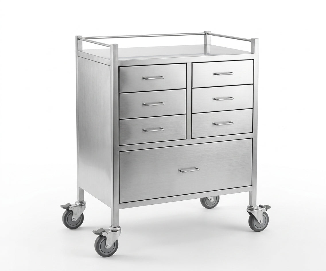 Stainless steel trolley with six drawers on castors, in a treatment room