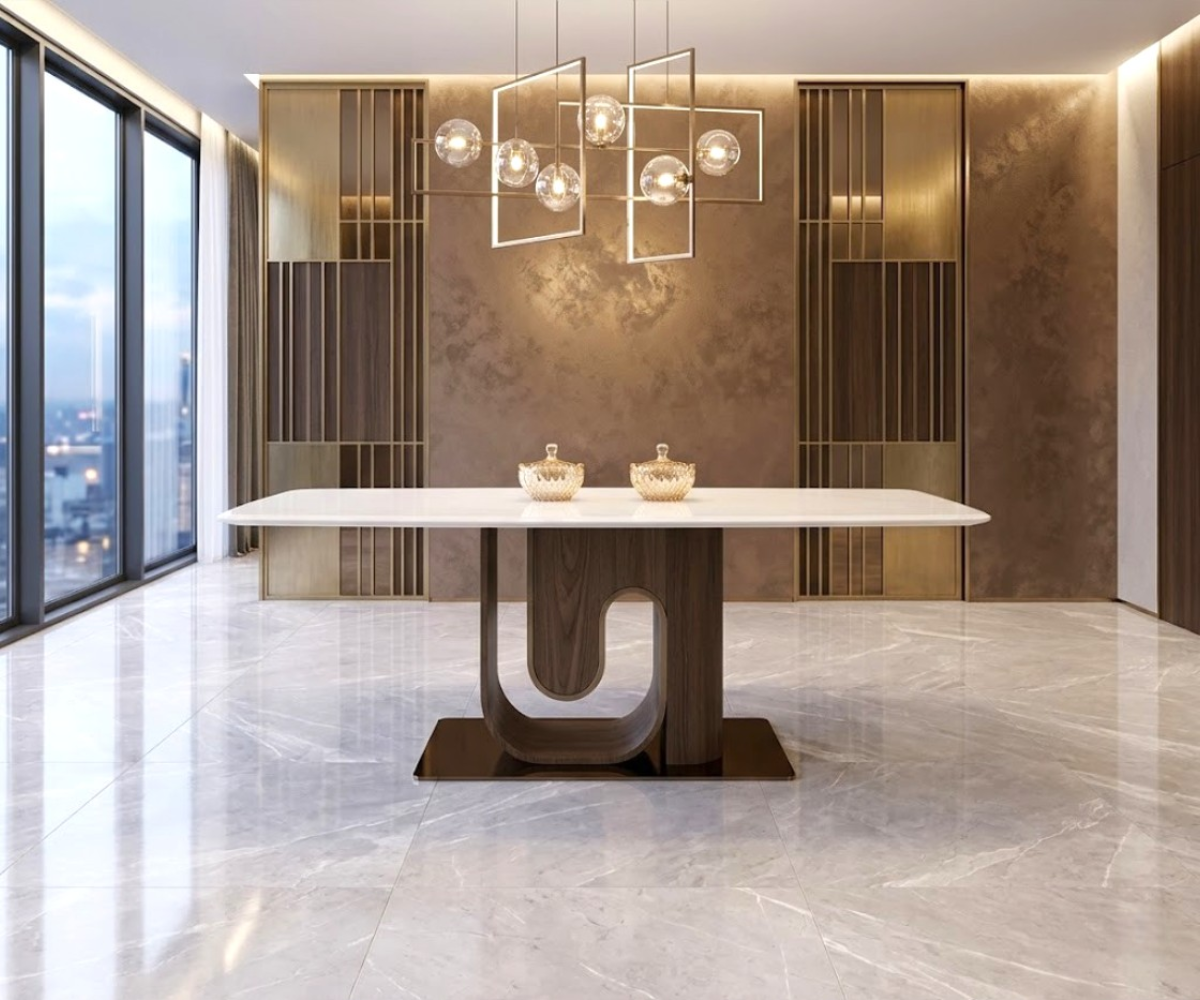 201/8-03 dining table in a city-view dining room with brass wall panels