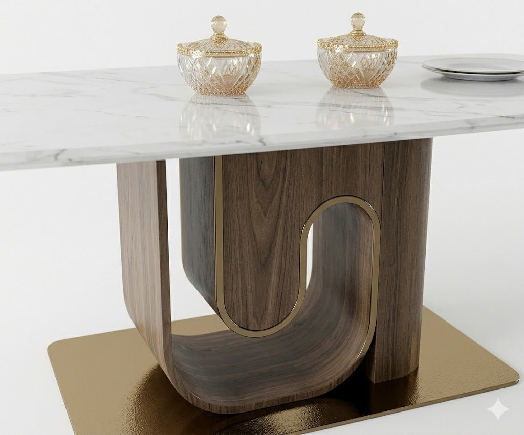 201/8-03 dining table in a city-view dining room with brass wall panels