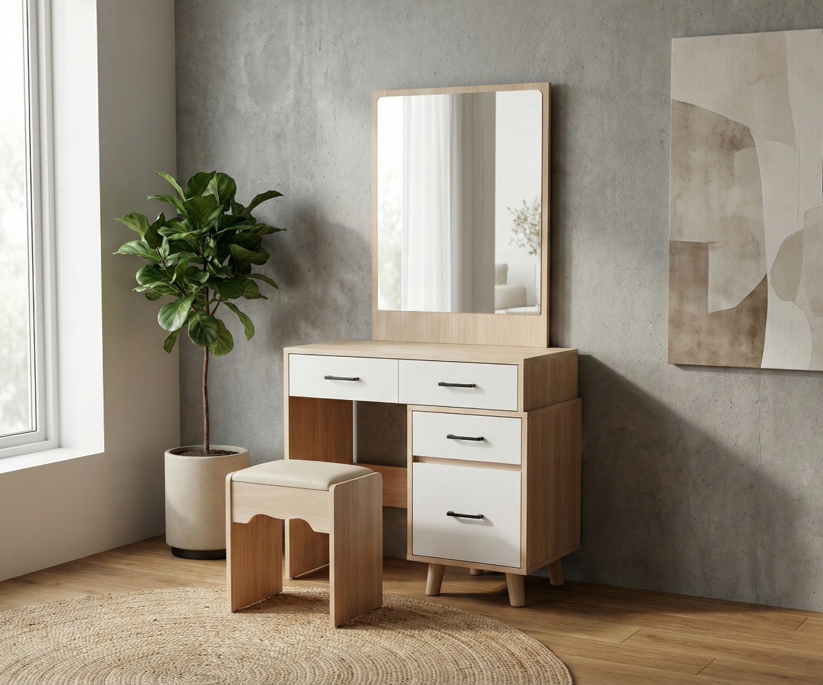 201 minimalist storage dresser in a grey bedroom beside a fiddle-leaf fig