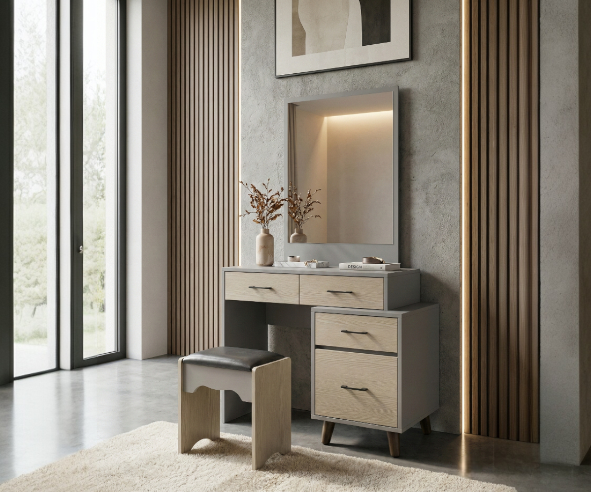 201DR modern grey vanity in a slatted-wood bedroom with a backlit mirror