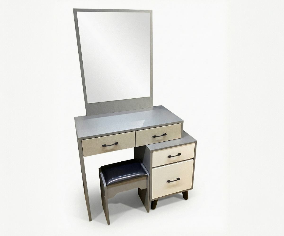 201DR modern grey vanity in a slatted-wood bedroom with a backlit mirror