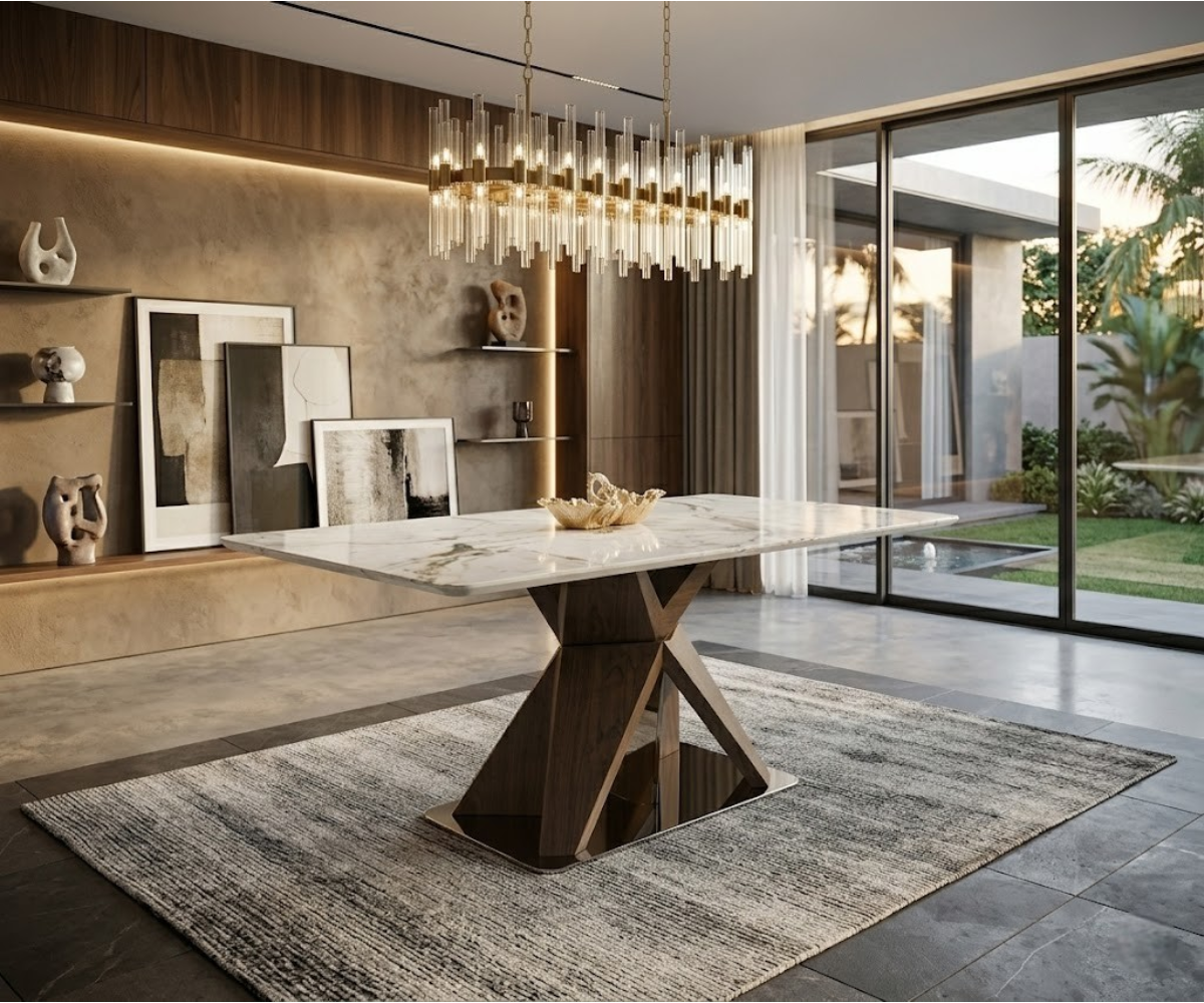 202/SY19 dining table in a warm dining room with a linear chandelier
