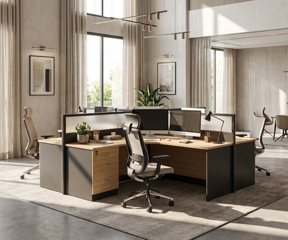 2040 oak workstation 4-seater with screens in a bright open-plan office