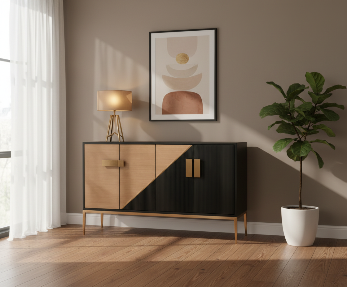 20501 two tone cabinet beneath artwork beside a fiddle-leaf fig