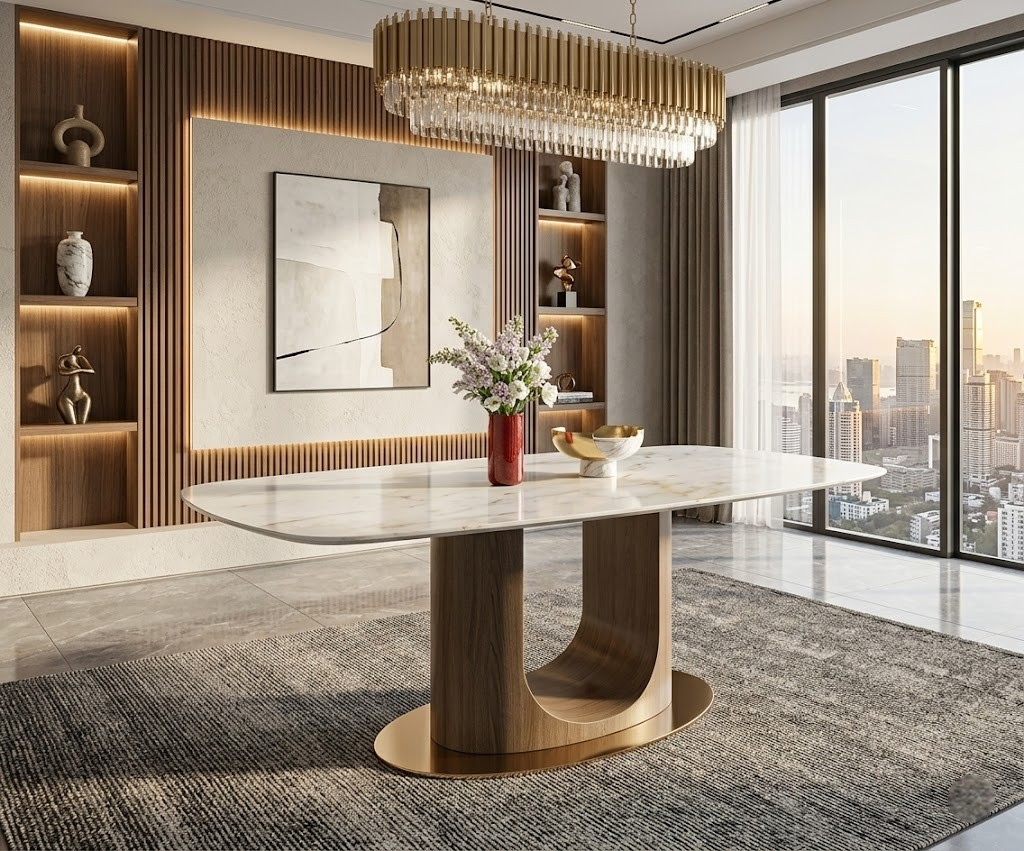 206/1023 dining table in a city-view dining room with a brass chandelier