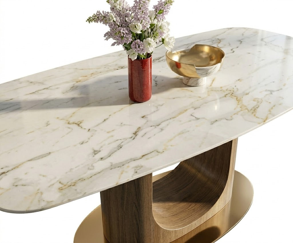 206/1023 dining table in a city-view dining room with a brass chandelier