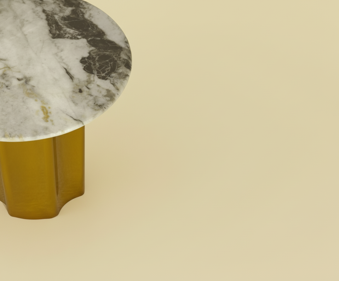 2229 gold marble table beside a cream sofa in a bright living room