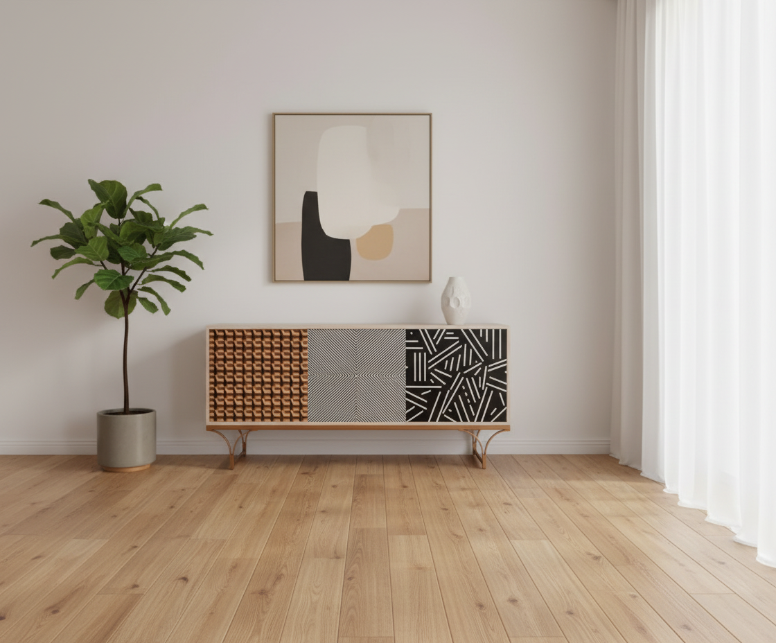 22303 geometric pattern cabinet beneath artwork in a bright room