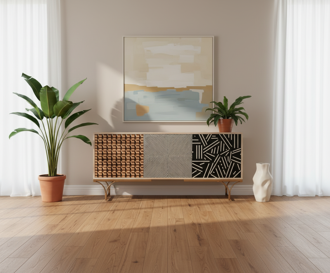 22303 geometric pattern cabinet beneath artwork in a bright room