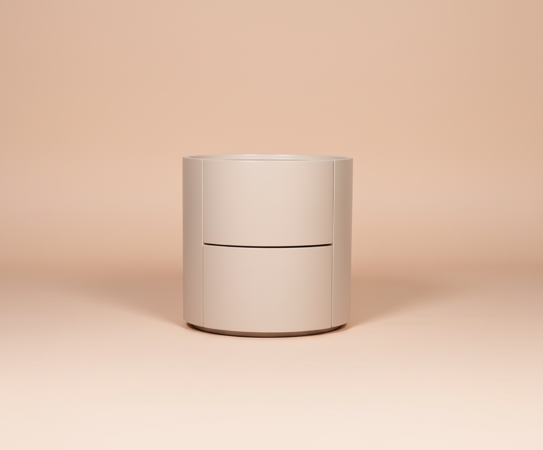 228 round white nightstand, front view of a two-drawer cylinder on peach