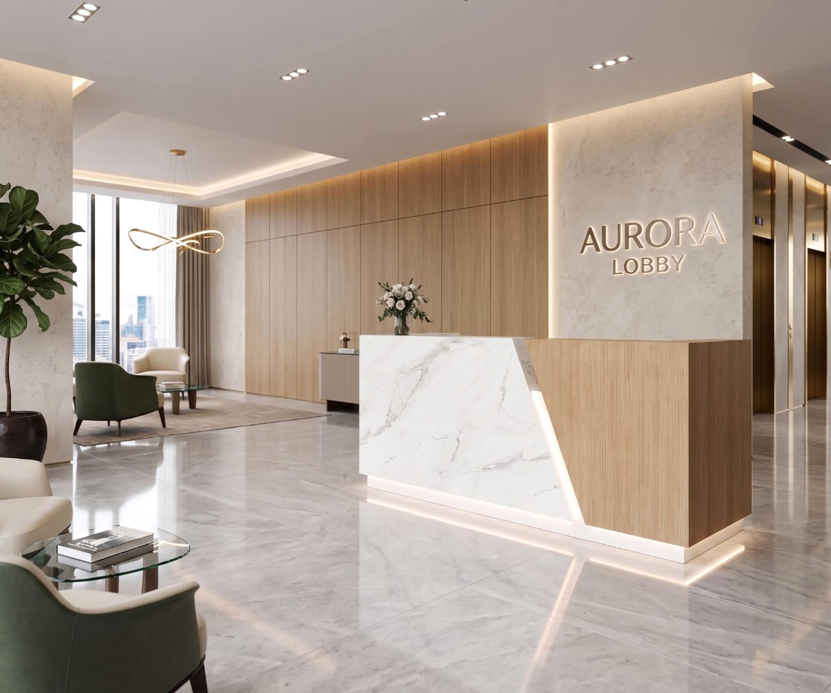 2301 marble wood reception desk in a lobby with a backlit sign