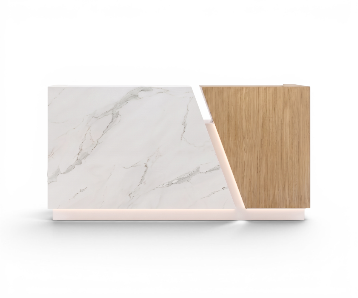 2301 marble wood reception desk in a lobby with a backlit sign