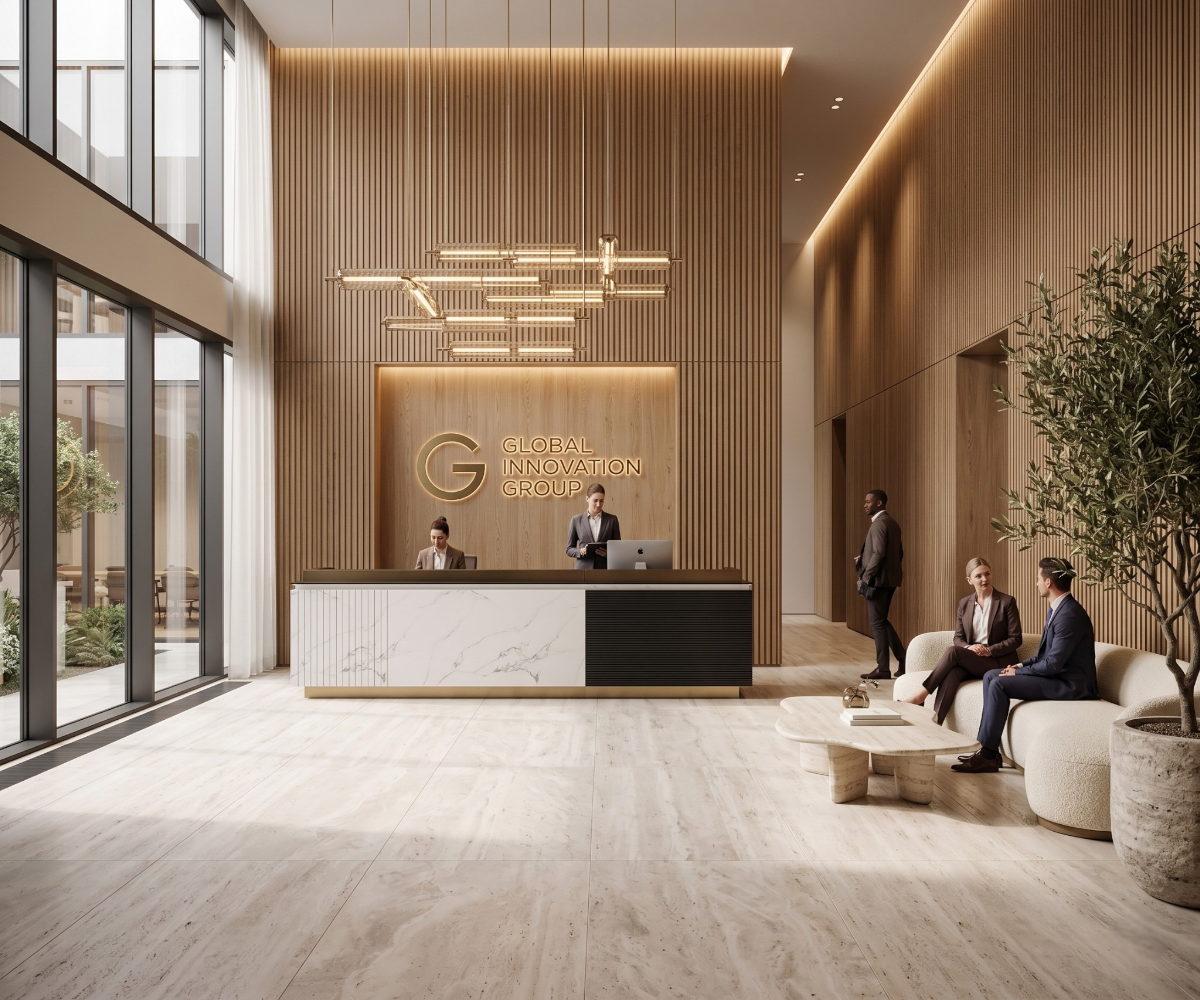 2302 marble reception counter in a bright lobby with a backlit sign