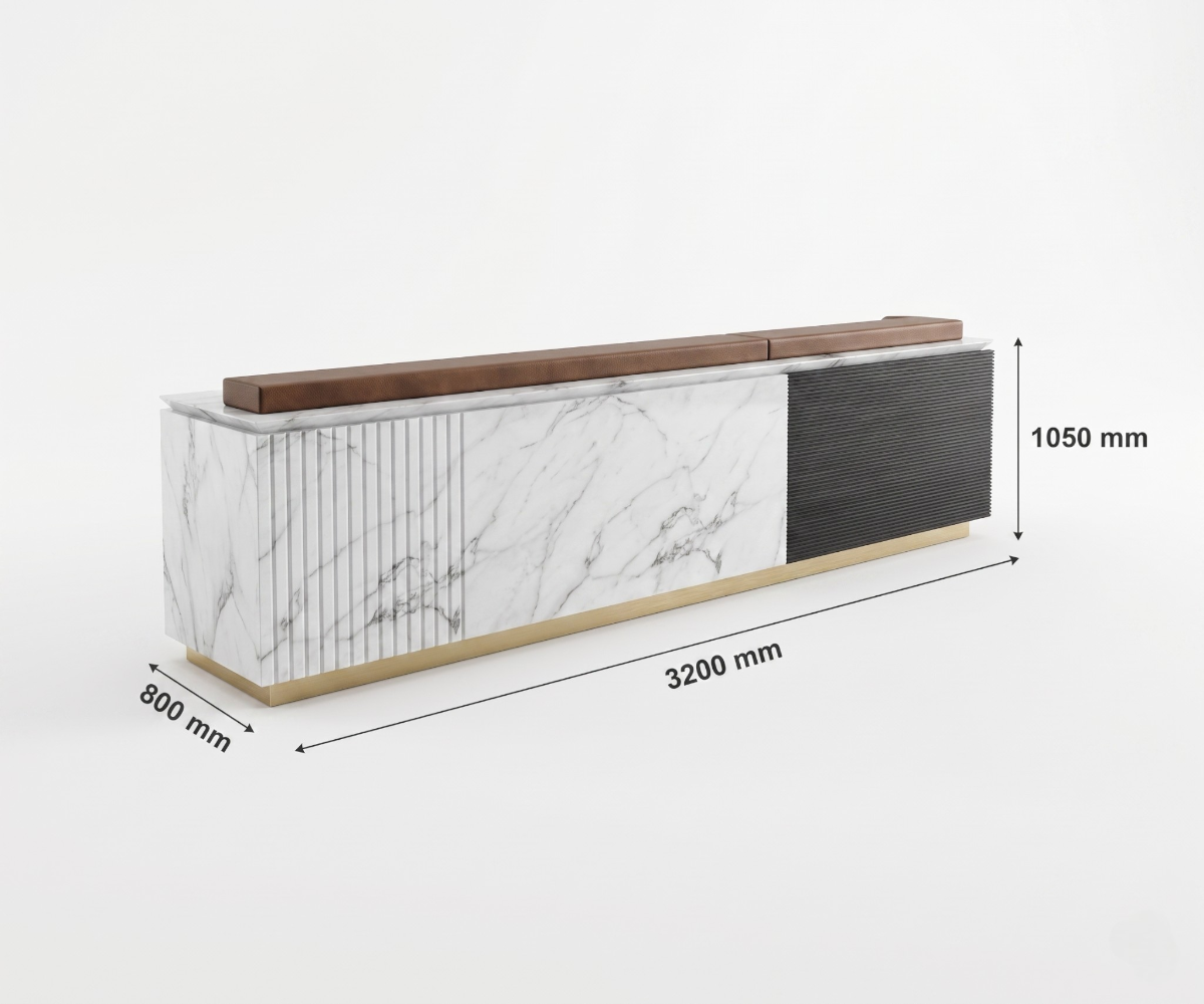 2302 marble reception counter in a bright lobby with a backlit sign