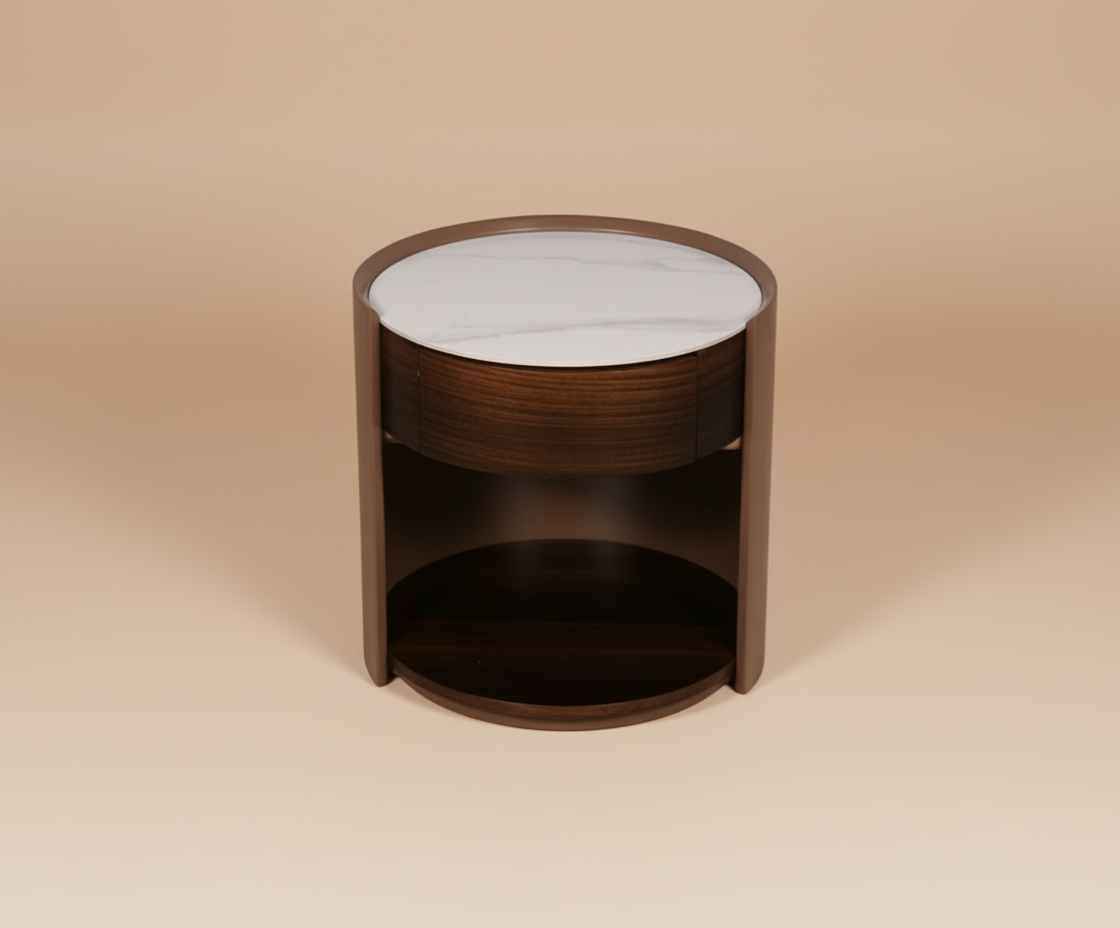 2338 round wooden nightstand, angled view with a marble top and open shelf