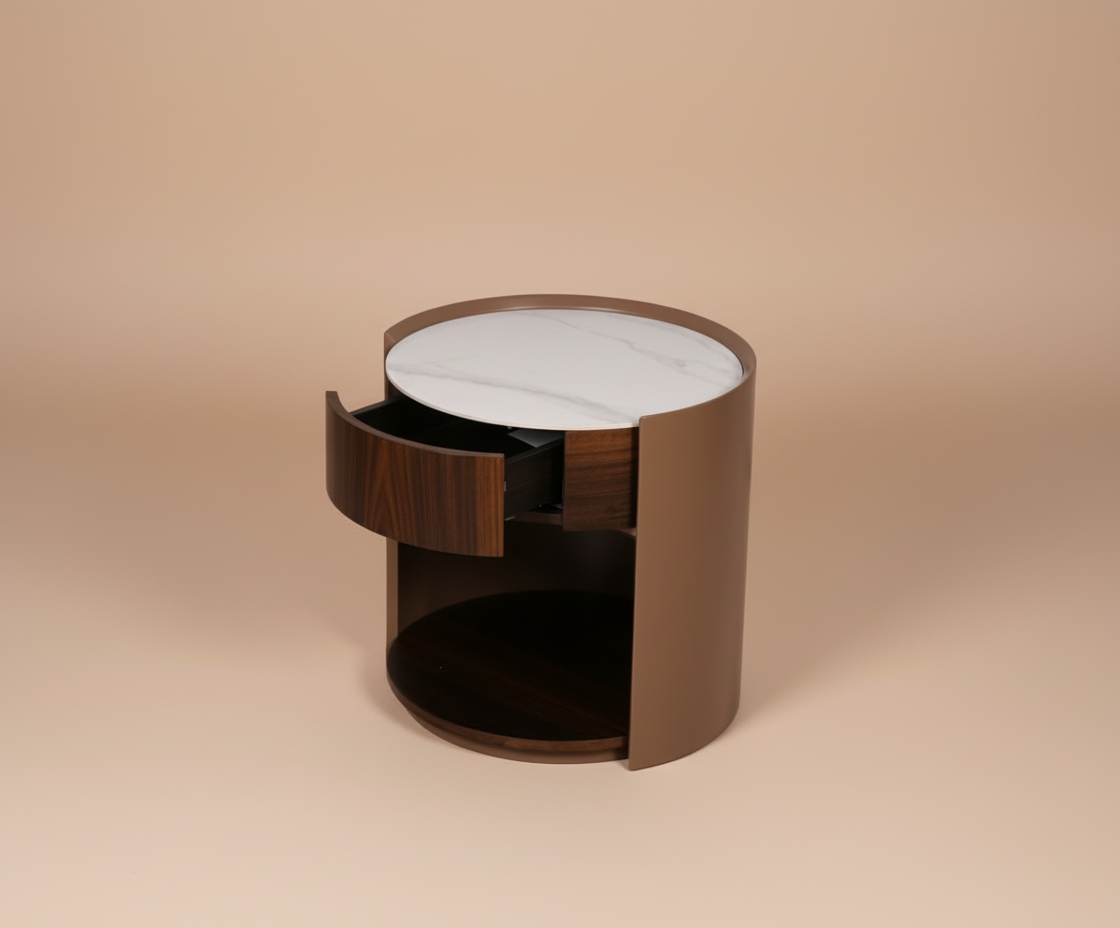 2338 round wooden nightstand, angled view with a marble top and open shelf