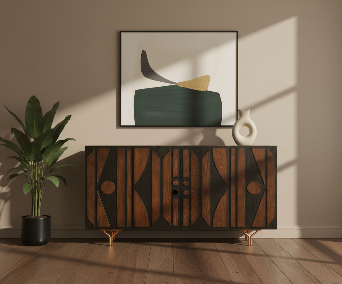 23474 dark wood cabinet beneath artwork on brass legs in a warm room