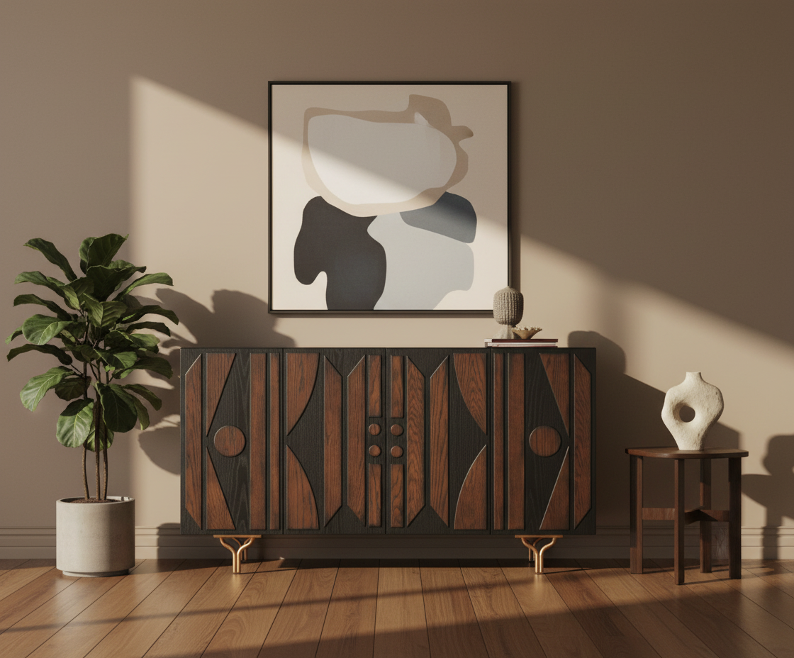 23474 dark wood cabinet beneath artwork on brass legs in a warm room