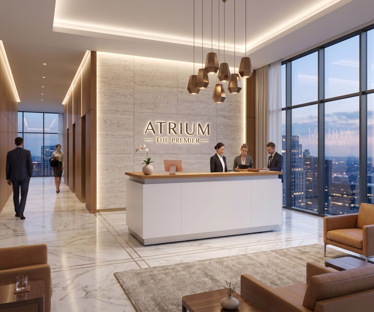 2381 Nordic reception counter in a lobby with a backlit sign and city view
