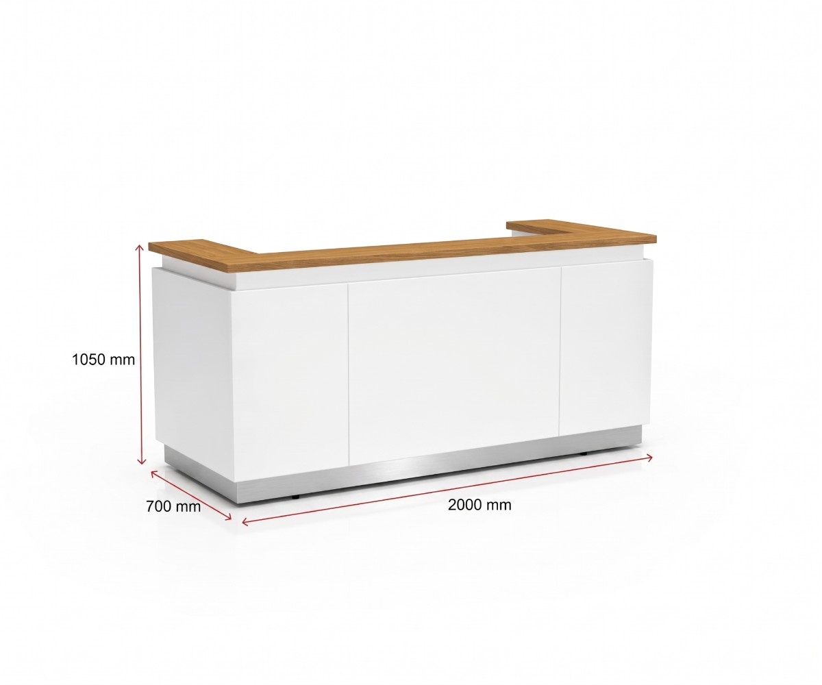 2381 Nordic reception counter in a lobby with a backlit sign and city view