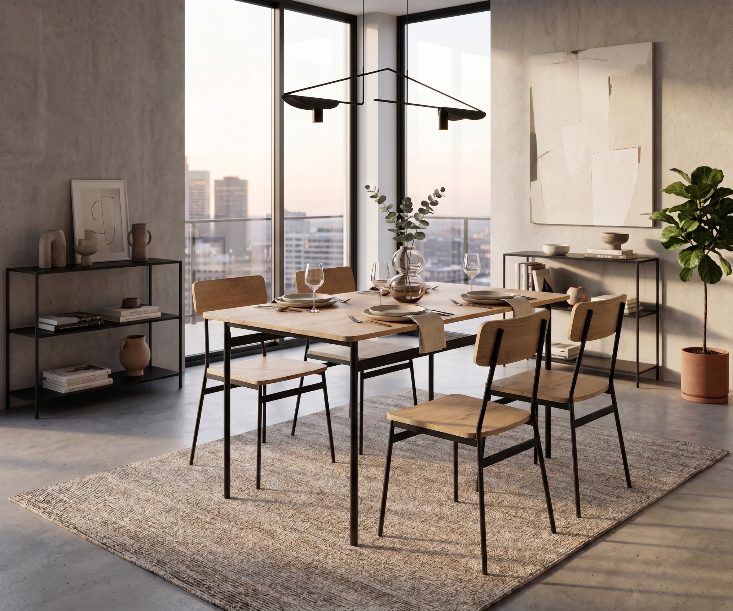 24-009 fanar 1+4 table with chair set in a city-view dining room on a jute rug