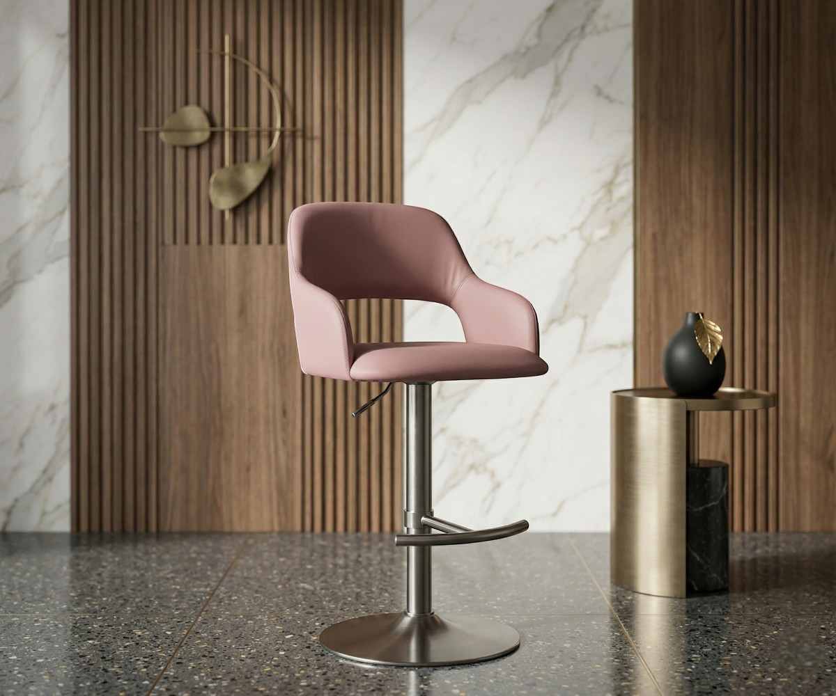 2405 bar chair in a marble and walnut bar area beside a brass side table