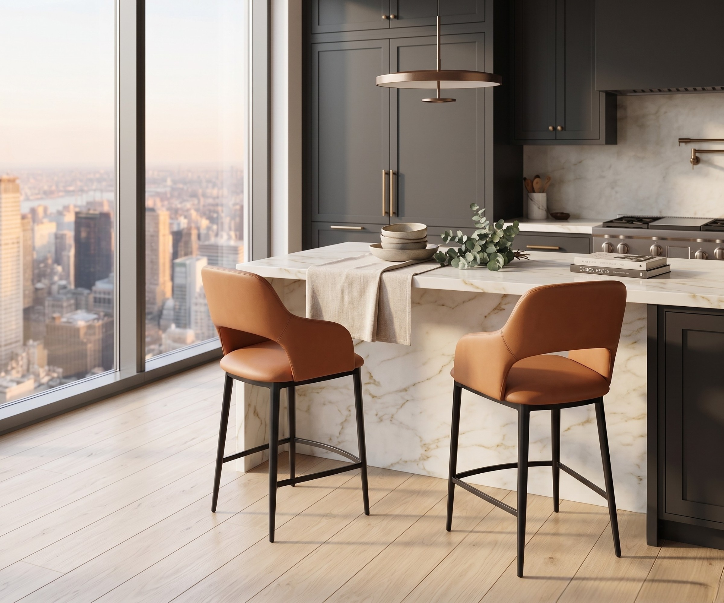 2405 bar chair brown at a city-view kitchen island, two stools side by side
