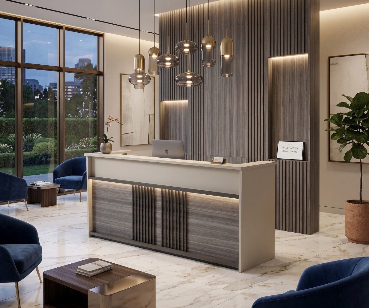 2413 slate LED reception counter in a lobby with slatted-wood walls