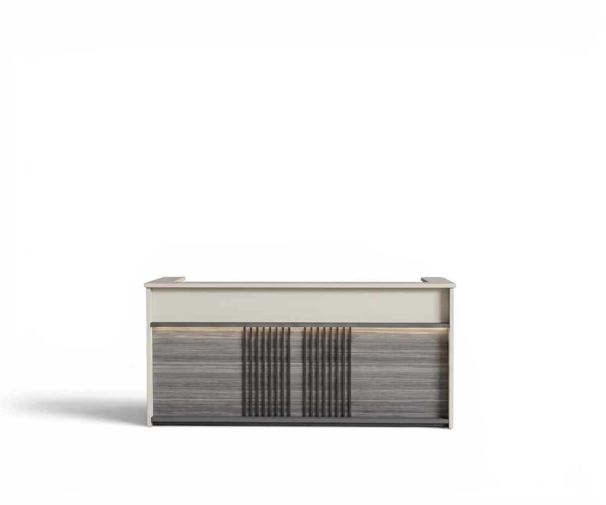 2413 slate LED reception counter in a lobby with slatted-wood walls