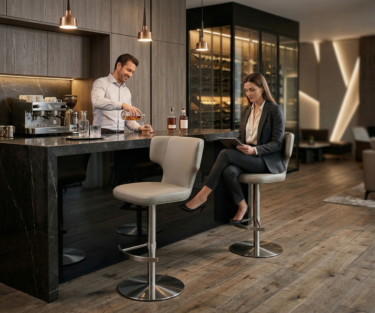 2423 bar chair at a dark stone bar counter in a warm-lit room