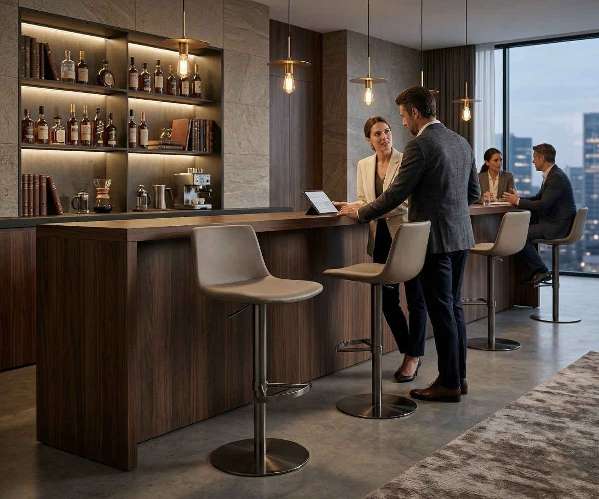 2426 bar chair at a walnut bar with backlit bottle shelving