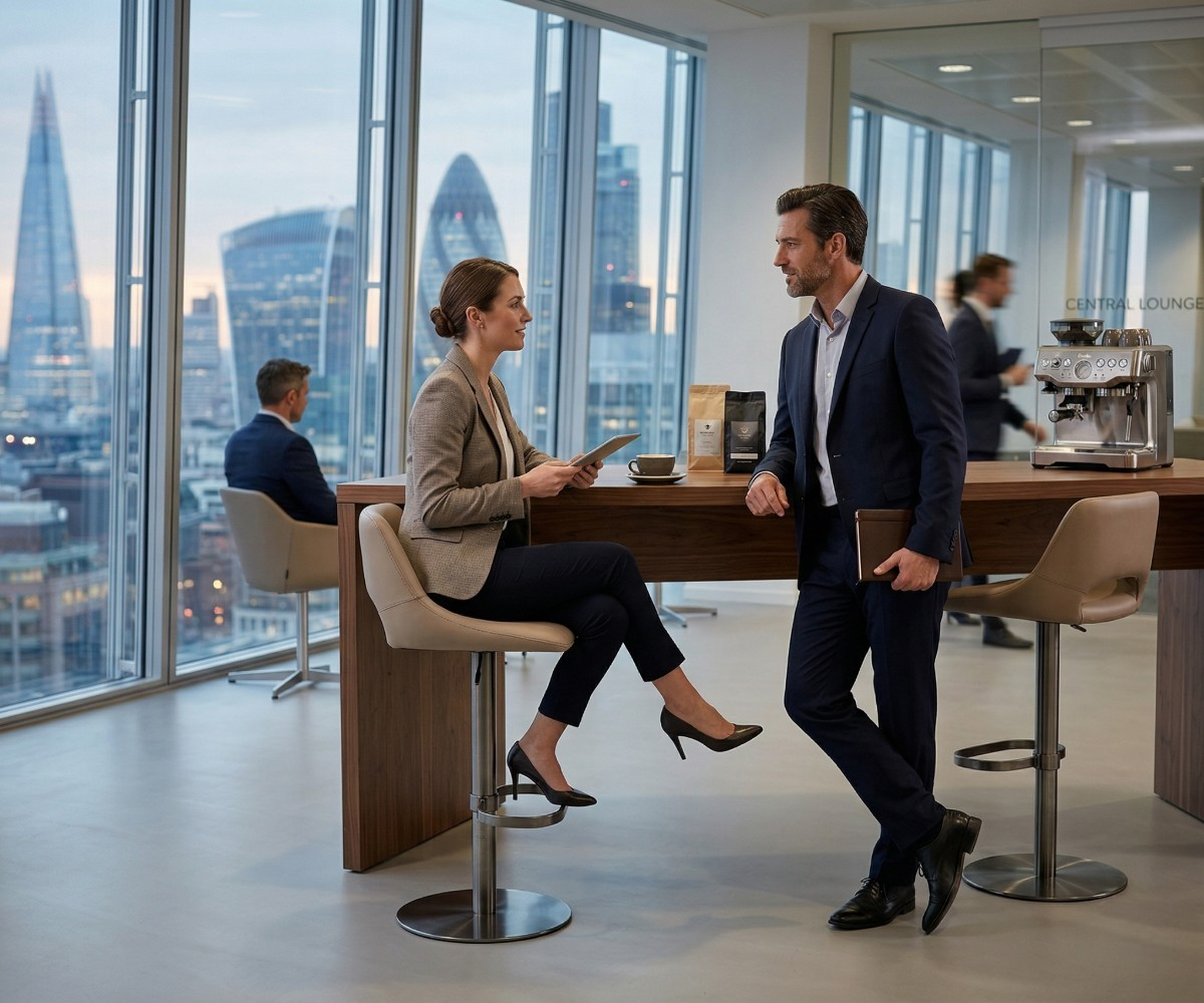2428 bar chair at a high counter in a glass-walled city office