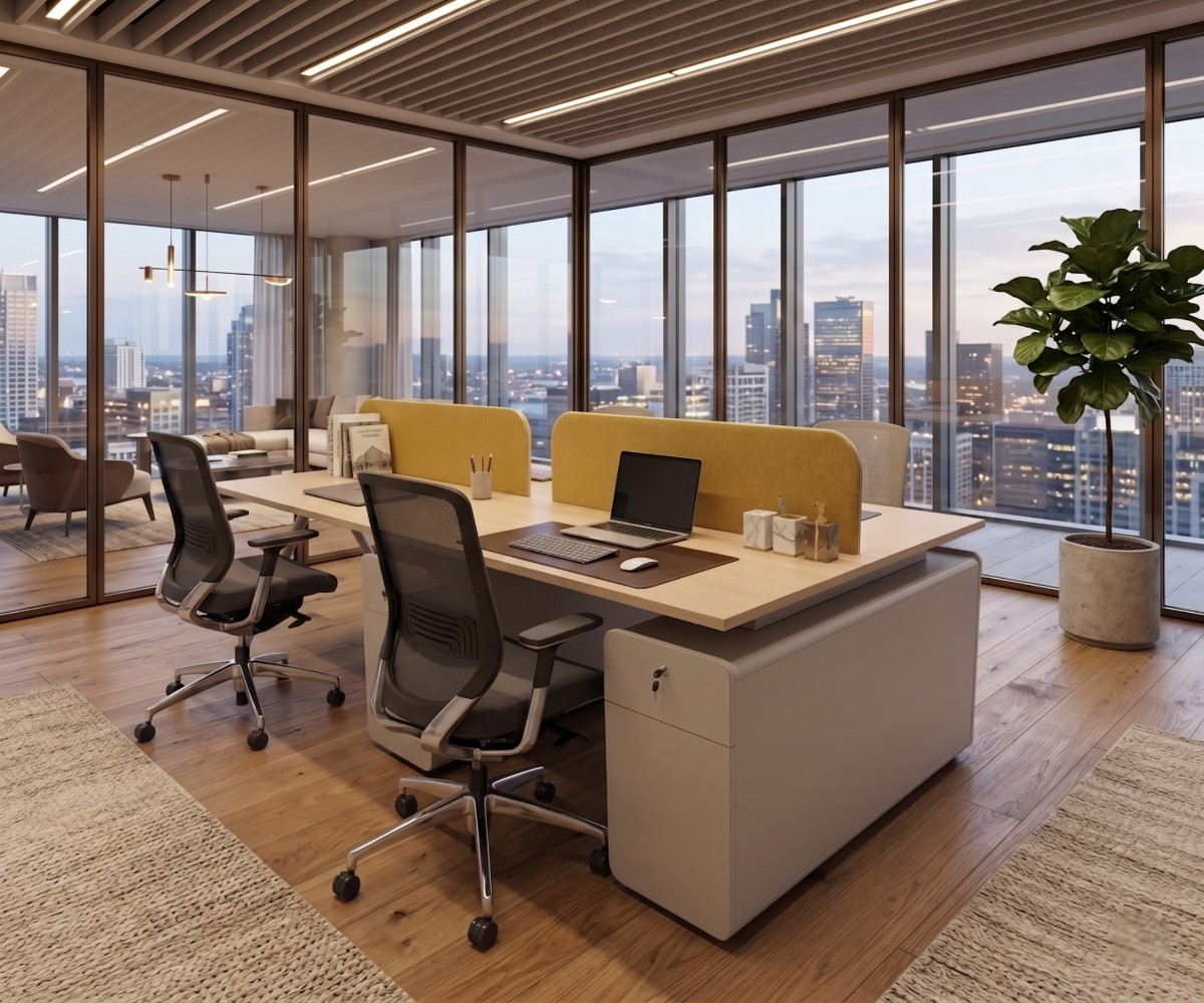 2523W-2 oak workstation 4-seater with yellow screens in a glazed office