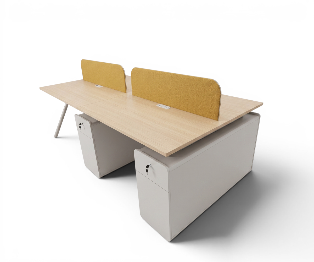 2523W-2 oak workstation 4-seater with yellow screens in a glazed office