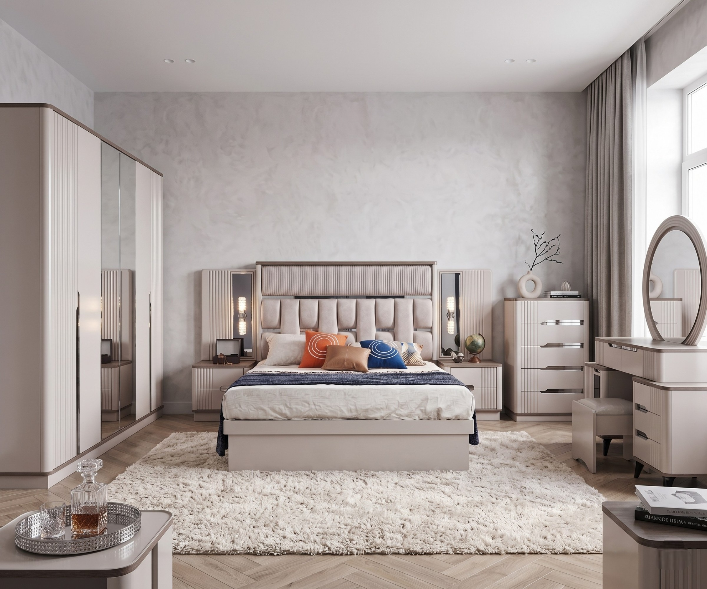 256 grey modern bedroom set staged in a bright room with an oval mirror