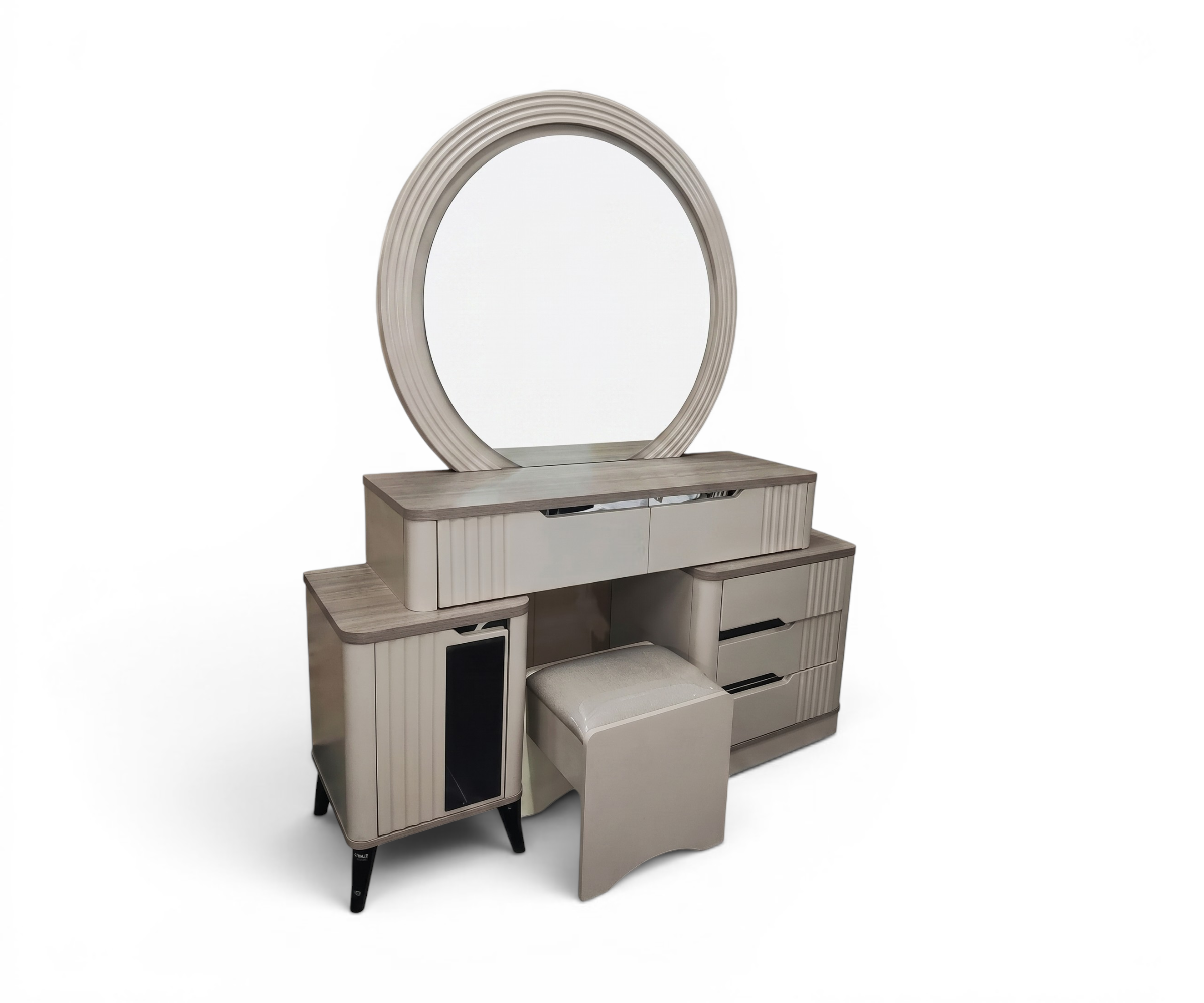 256 grey modern bedroom set staged in a bright room with an oval mirror