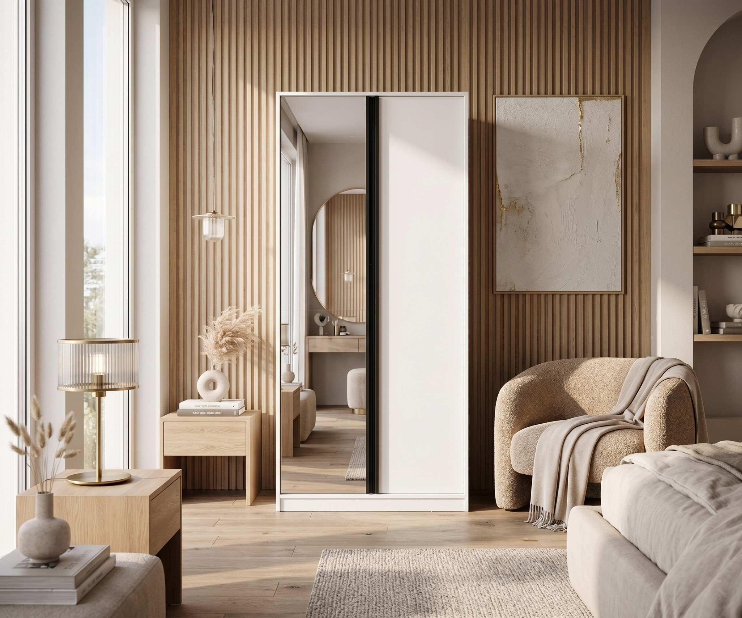 2D03-2 white metal wardrobe in a slatted-wood bedroom beside a dressing table